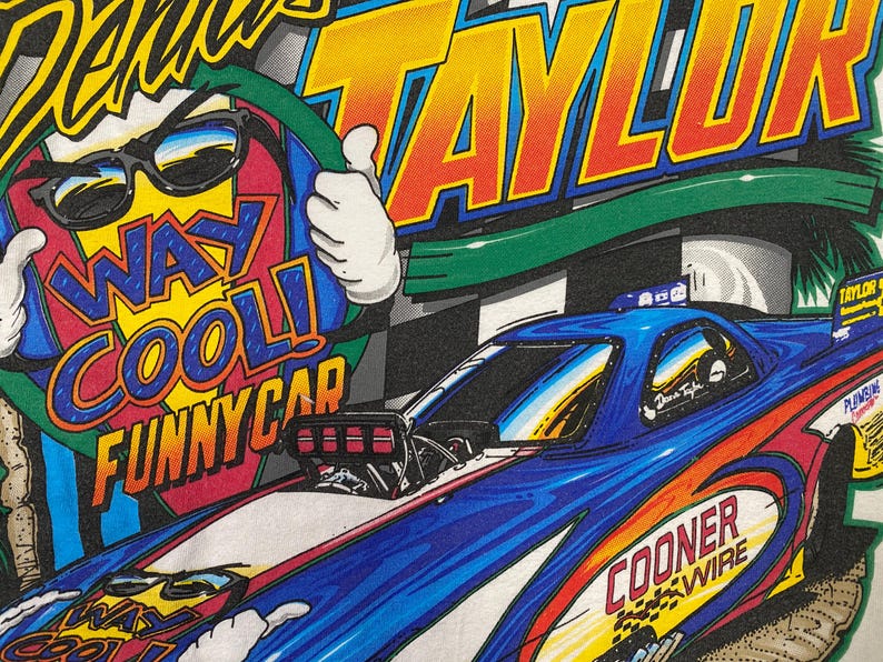 Vintage 90-tals NHRA Dennis Taylor Way cool rolig bil dragracing t-shirt, Hanes Beefy-T herrstorlek S bild 5