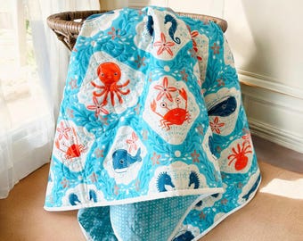 Coastal Baby Quilt: Octopus, Whale, Crab Crib Blanket (42x52)