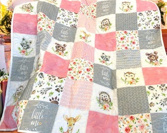 Handmade Woodland Animal Baby Whole Cloth Quilt: Pink & Gray Nursery Bedding
