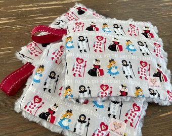 Mini Lovey-Alice in Wonderland Queen Of Hearts & Gray Swirl Lovey/ Lovey with Wooden Ring/Crinkle Lovey/Binky Holder/Pacifier Lovey