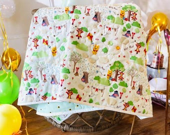 Winnie the Pooh Baby Quilt: Reversible Cotton Crib Blanket