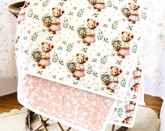 Handmade Pink Teddy Bear Quilt: Floral Baby Nursery Blanket
