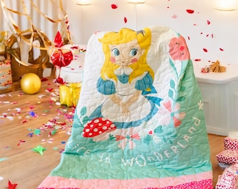 Alice in Wonderland Baby Quilt: Pastel Pink Cotton Crib Blanket