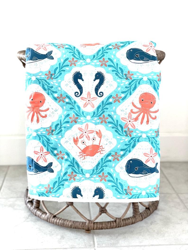 Baby Quilt Coastal Design With Octopus, Whales and Crabs / Quilted Baby Blanket / Crib Blanket