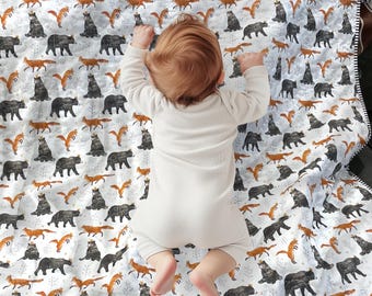 Woodland Baby Quilt, Bear & Fox, Reversible Cotton Crib Blanket