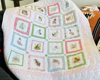 Peter Rabbit Cheater Patchwork Panel Baby Quilt with Sweet Heart Quilting