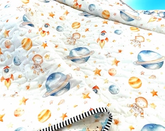 Reversible Baby Quilt | Astronauts & Bears Space Nursery | Watercolor Celestial Baby Blanket