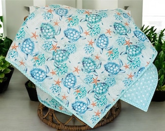 Sea Turtle Baby Quilt: Ocean Nursery Crib Blanket, Reversible Play Mat