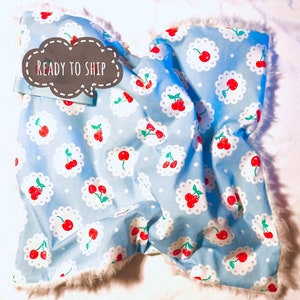 Lovey Blanket - Vintage Red Cherries on Blue Doily Ivory Minky Lovey Security Blanket for Babies