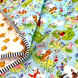 Baby Quilt Blanket - Pooh in 100 Aker Woods | Reversible Quilted Blanket for Crib Bedding & Play Mat