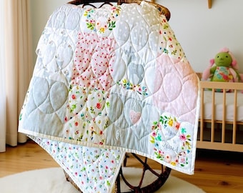 Deer Baby Girl Quilt: Gray, Peach, Blush Fawn, Handmade Cotton