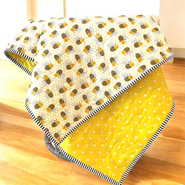 Happy Bees Baby Quilt: Reversible Cotton Crib Blanket