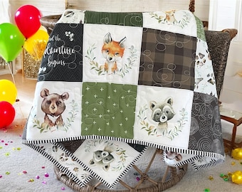 Handmade Woodland Animal Baby Quilt: Green & Brown Nursery Bedding
