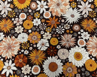 5 Metres Brown Sunflower Floral 100% Viscose Dress Fabric. Made In Italy. Superb Quality