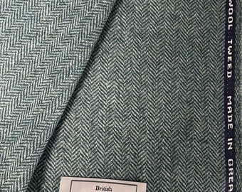 Lagoon Green With Black Herringbone  100% British Tweed Fabric. 420g Bespoke Fabric Woven in Yorkshire!