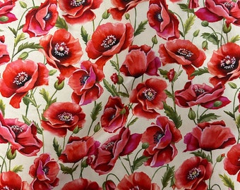 5 Metres Ivory & Red Roses Floral 100% Viscose Dress Fabric. Made In Italy. Superb Quality