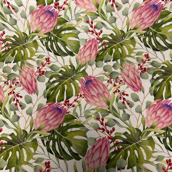5 Metres Ivory & Pink Tropical Floral 100% Viscose Dress Fabric. Made In Italy. Superb Quality