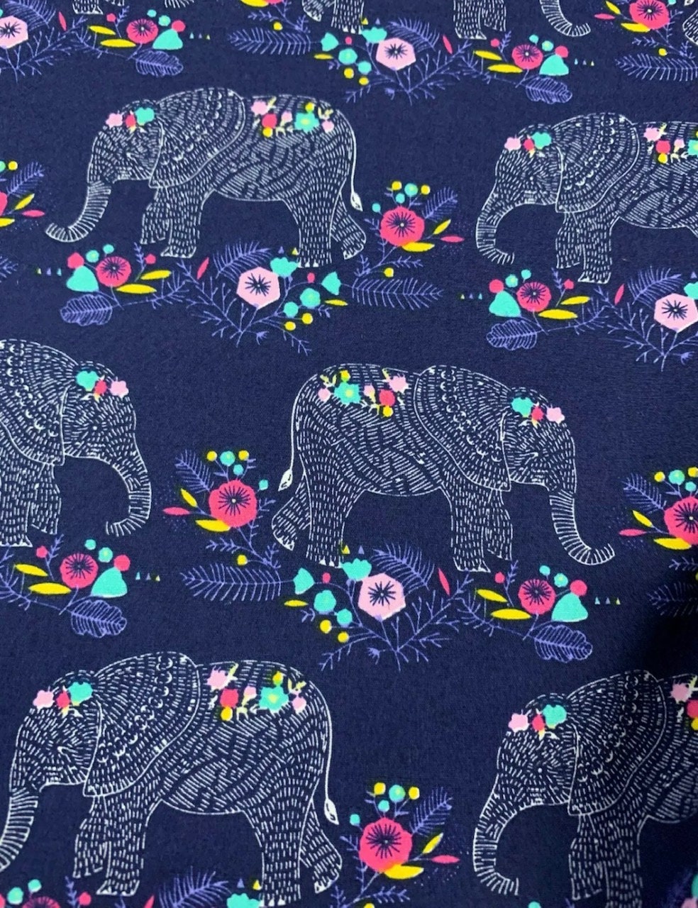 5 Metres Navy Blue Elephant Elephants Printed 100 Cotton Etsy UK