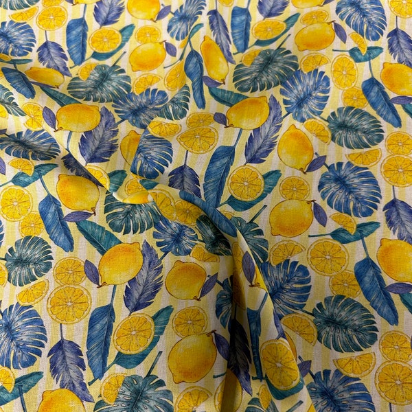 Lemons and Blue Leaves Printed 100% Cotton Fabric. Per Metre