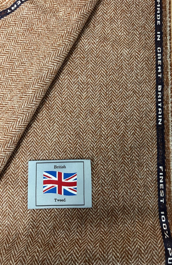 Caramel Brown Herringbone 100 British Tweed Fabric. 420g Bespoke