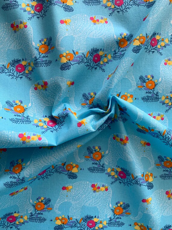 Royal Blue Elephant and Daisy Flowers Printed Polycotton Fabric 