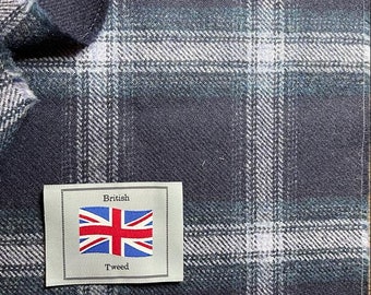 10 Metres Dark Navy and Green with Ice Grey Celtic Check Tartan  Plaid Check 100% British Tweed Fabric. Wholesale Pricing