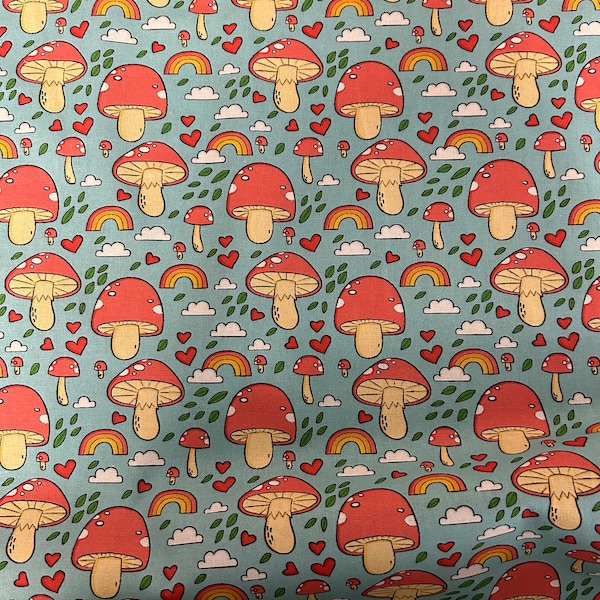 10 Metres Wholesale Pricing Cute Kawaii Toadstool Rainbow Printed 100% Cotton Fabric.