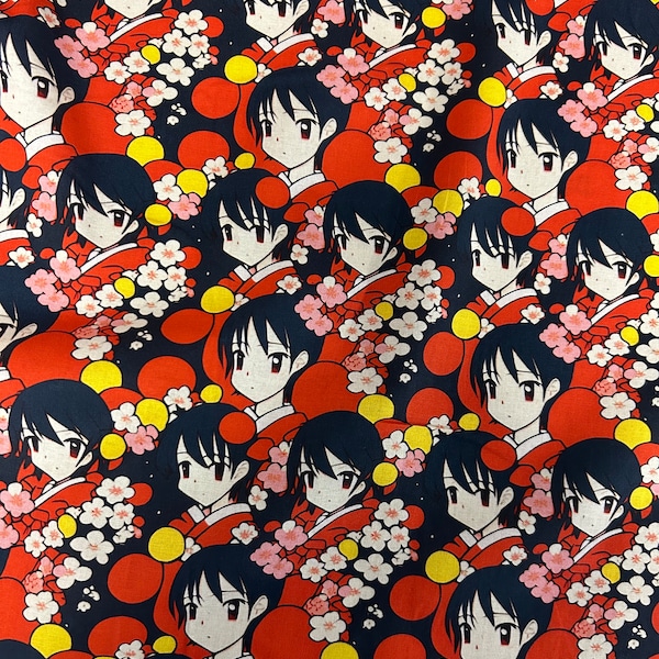 Personnages d'anime rétro imprimés en tissu 100 % coton japonais. Par mètre