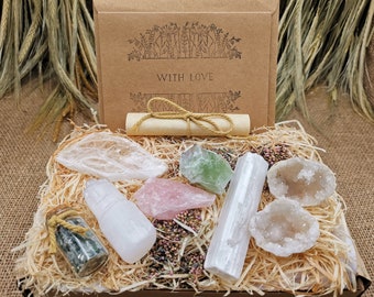 Luxury Box of Healing Natural Crystal gift set, + Personalised Greetings Card