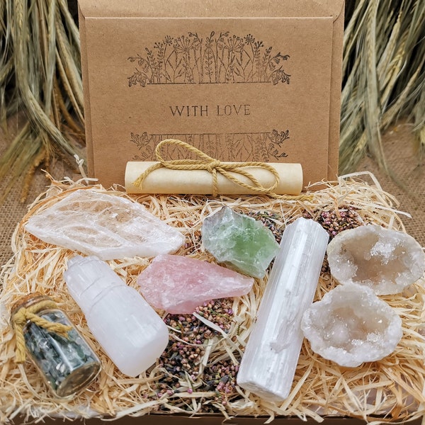 Luxury Box of Healing Natural Crystal gift set, + Personalised Greetings Card