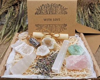 Luxury Box of Healing Natural Crystal gift set, + Personalised Greetings Card