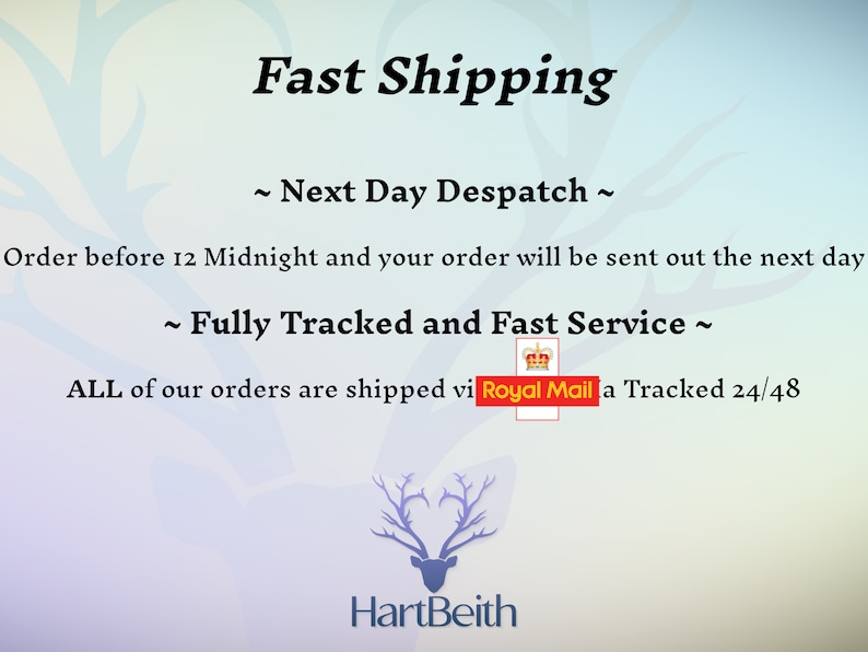 May include: Text graphic with the words "Fast Shipping" in bold, followed by "~ Next Day Despatch ~".  The text continues with "Order before 12 Midnight and your order will be sent out the next day".  The text continues with "~ Fully Tracked and Fast Service ~".  The text continues with "ALL of our orders are shipped via Royal Mail a Tracked 24/48".  The text ends with "HartBeith".