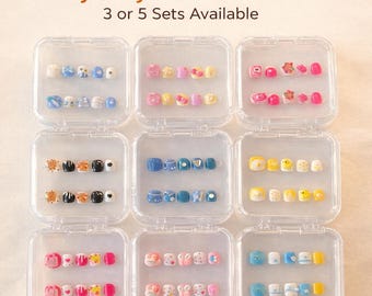 Kids Press On Nails Gift Set – Cute 3D Cartoon Mystery Nail Box, 3 or 5 Sets with Tool Kit