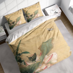Lotus Butterfly Duvet Cover Set, Floral Chinese Bedding Set, Botanical Comforter Cover w Pillowcases, Twin Full Queen King Size
