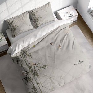 Japanese Green Bamboo Birds Painting Duvet Cover Set w Pillowcases, Chinese Floral Birds Quilt Cover, Single Double Queen King US AU Size
