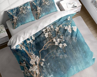 Japanese Cherry Blossom Bird Painting Duvet Cover Set, Blue White Floral Quilt Cover, Cotton Bedding Set, Single Double Full Queen King Size