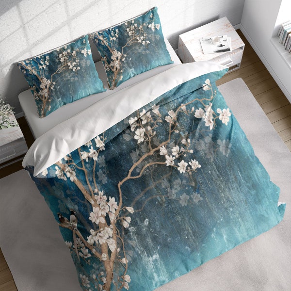 Japanese Cherry Blossom Bird Painting Duvet Cover Set, Blue White Floral Quilt Cover, Cotton Bedding Set, Single Double Full Queen King Size