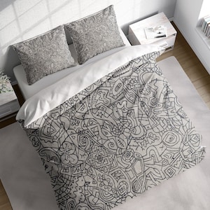 Abstract Line Art Duvet Cover Set, Black n White Line Drawings Bedding Set, Grey Quilt Cover, Single Double Full Queen King Size, Cotton