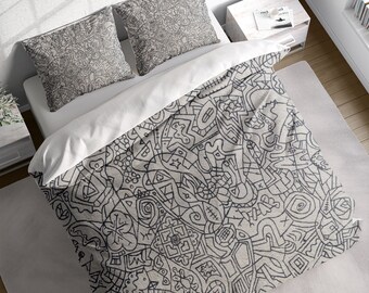 Abstract Line Art Duvet Cover Set, Black n White Line Drawings Bedding Set, Grey Quilt Cover, Single Double Full Queen King Size, Cotton