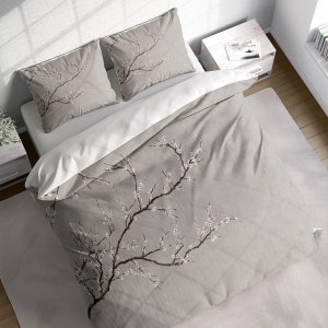 Japanese Cherry Blossom Flower Pink Grey Duvet Cover Set, Botanical Bedding, Nature Comforter Cover, Single Double Full Queen King Size