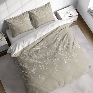 Japanese White Cherry Blossom Duvet Cover Set, Botanical Bedding, Nature Floral Floral Comforter Cover, Single Double Full Queen King Size