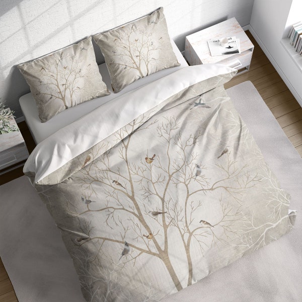 Birds Tree Branches Painting Duvet Cover Set, Grey Beige Nature Comforter Cover, Botanical Bedding Set, Single Double Full Queen King Size