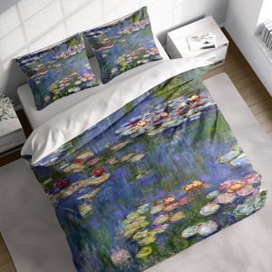 Blue Red Flower Duvet Cover Set, Claude Monet Oil Painting Water Lilies, Aquatic Plant Pond Queen King Bedding