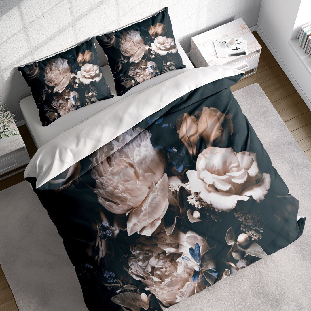 Dark Rose Duvet Cover Set, Dutch Floral Bedding Set, Botanical