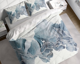 Japanese Ink Mountains Duvet Cover Set, Asian Landscape Line Art Quilt Cover, Nature Birds Bedding, Single Double Full Queen King US Size