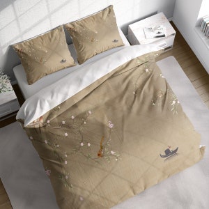 Vintage Chinese Flower Branch Birds Duvet Cover Set, Botanical Bedding, Nature Floral Comforter Cover, Single Double Full Queen King Size