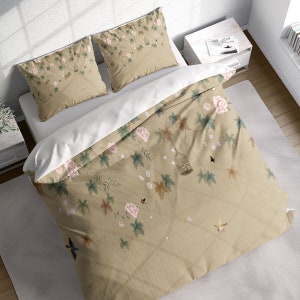 Japanese Flower Leaves Caged Bird Duvet Cover Set, Botanical Bedding, Nature Floral Comforter Cover, Single Double Full Queen King Size