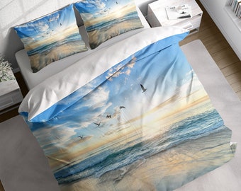 Sandy Beach Vögel Bettwäsche-Set, Sommerferien Bettwäsche Set, Seaside Möwen Tiere Quilt Cover, Single Double Full Queen King Size