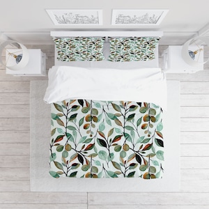 Aquarel bladeren takken dekbedovertrek set met kussenslopen, groen bloemen natuur botanisch beddengoed, eenpersoons queen king size dekbedovertrek