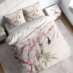 Plum Blossom Magpie Rockery Duvet Cover Set, Asian Chinese Bedding Set, Comforter Cover w Pillowcases, Twin Full Queen King Size